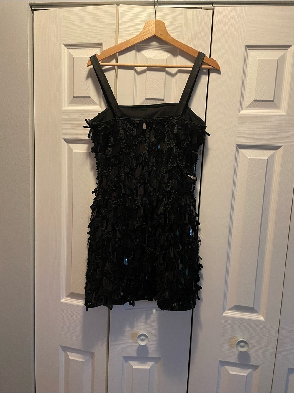 Lulu’s black square neck sequin mini dress with satin straps